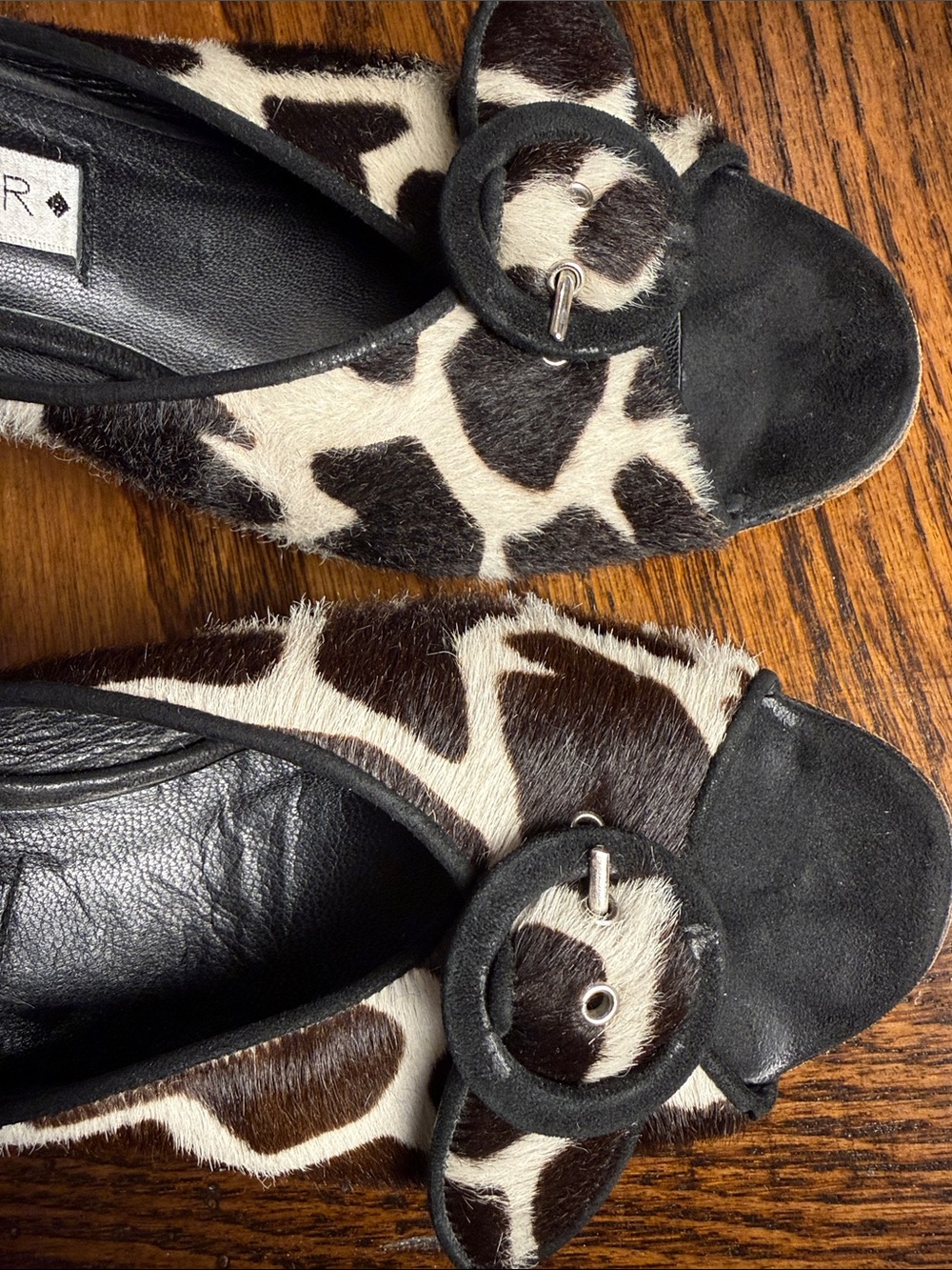 Giraffe Print Haircalf Mules Donald J Pliner Peep Toe Heels 8.5